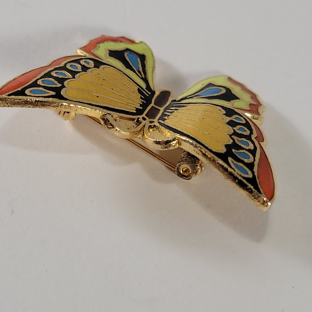 Cloisonne Butterfly Brooch Multicolor Enamel Gold Tone Nature Pin Jewelry - Picture 2 of 6